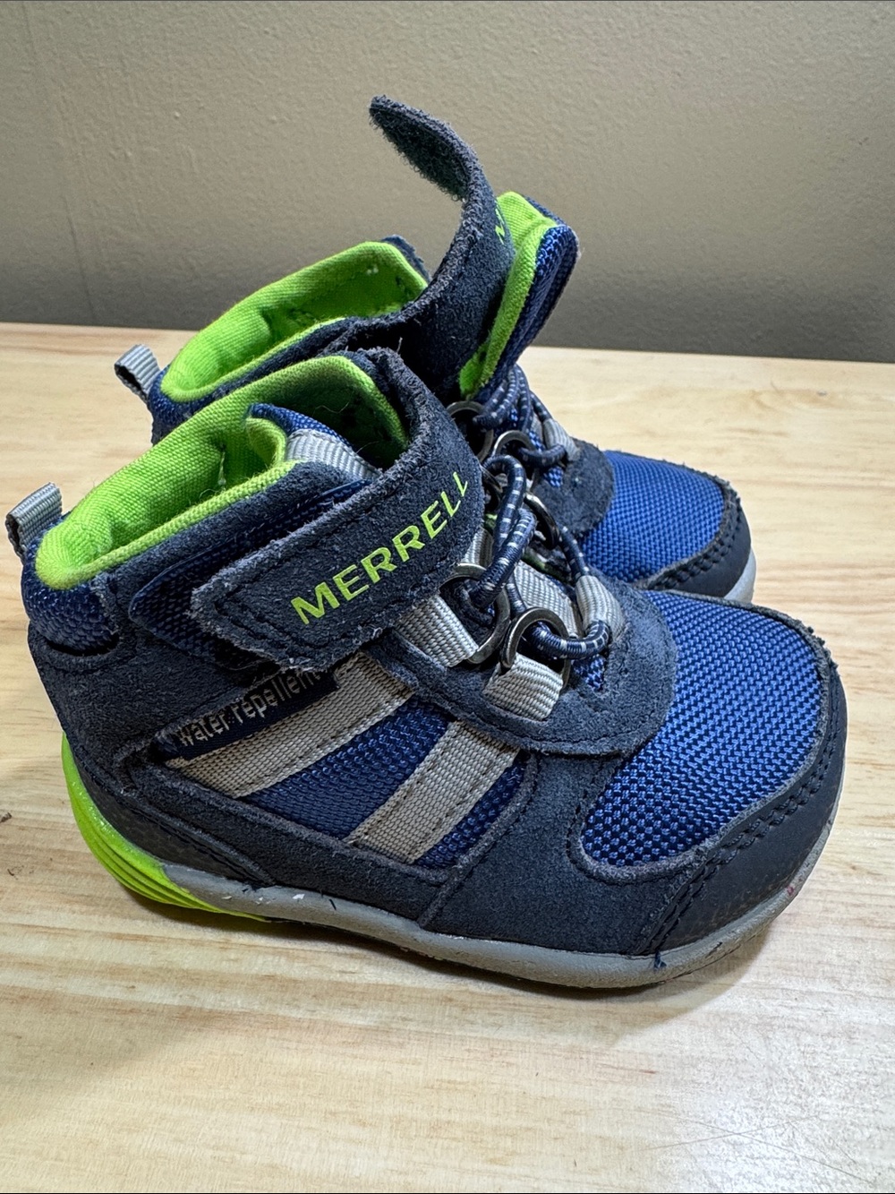 Merrell Bare Steps Toddler Navy Blue and Lime Green Waterproof Sneakers